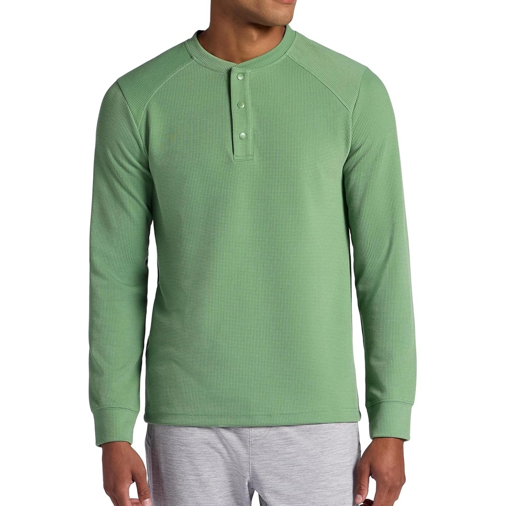 image:imageGaiam Mens Cozy amp Cool Henley Shirt Standard Fit Stretch Midweight Micro Waffle Jacquard MaterialLoden Frost