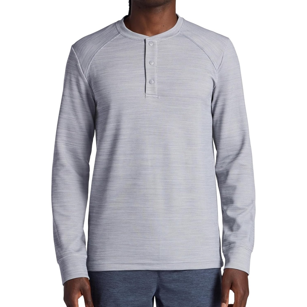 image:imageGaiam Mens Cozy amp Cool Henley Shirt Standard Fit Stretch Midweight Micro Waffle Jacquard MaterialSleet Heather