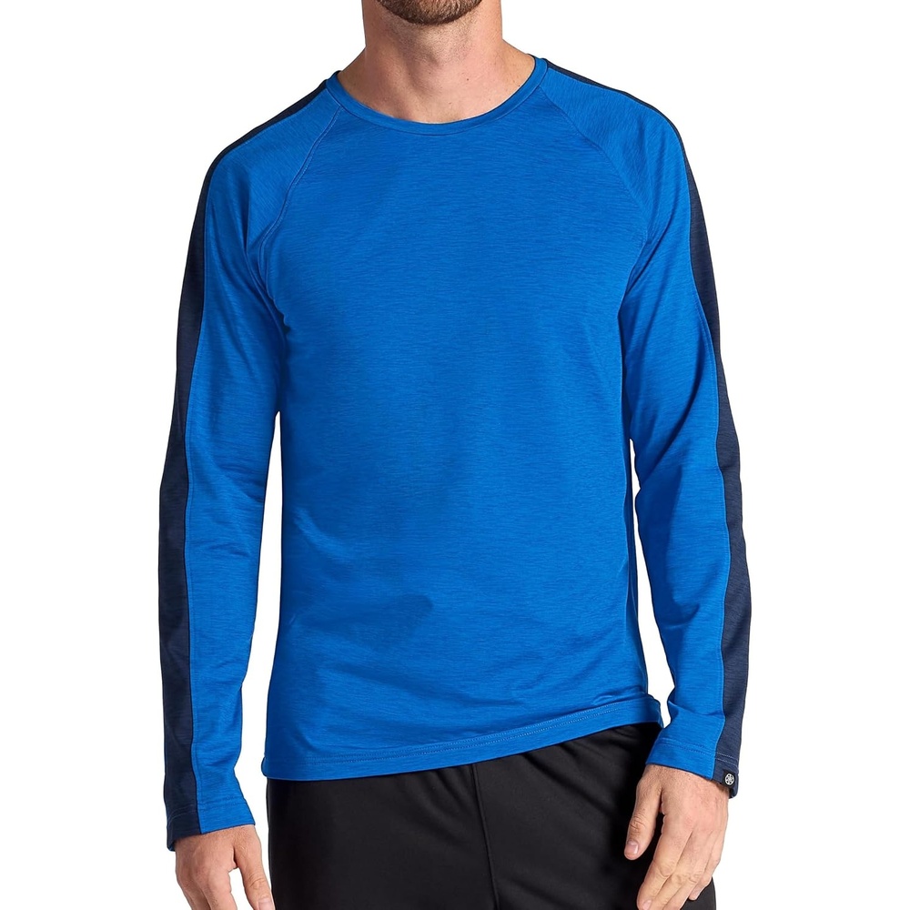 image:imageGaiam Mens Power Long Sleeve Crewneck Raglan Top Standard Fit Stretch Midweight MaterialClassic Blue HeatherNavy Heather