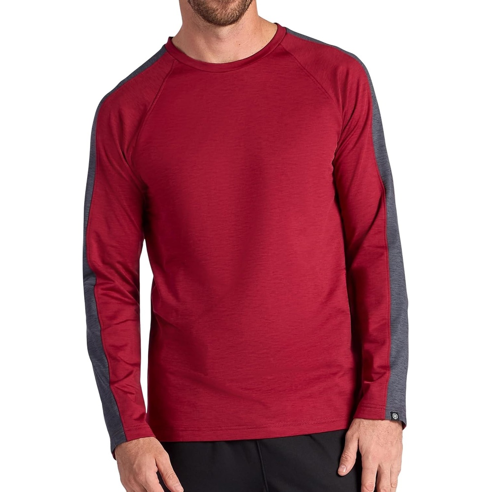 image:imageGaiam Mens Power Long Sleeve Crewneck Raglan Top Standard Fit Stretch Midweight MaterialGarnet HeatherEbony Heather