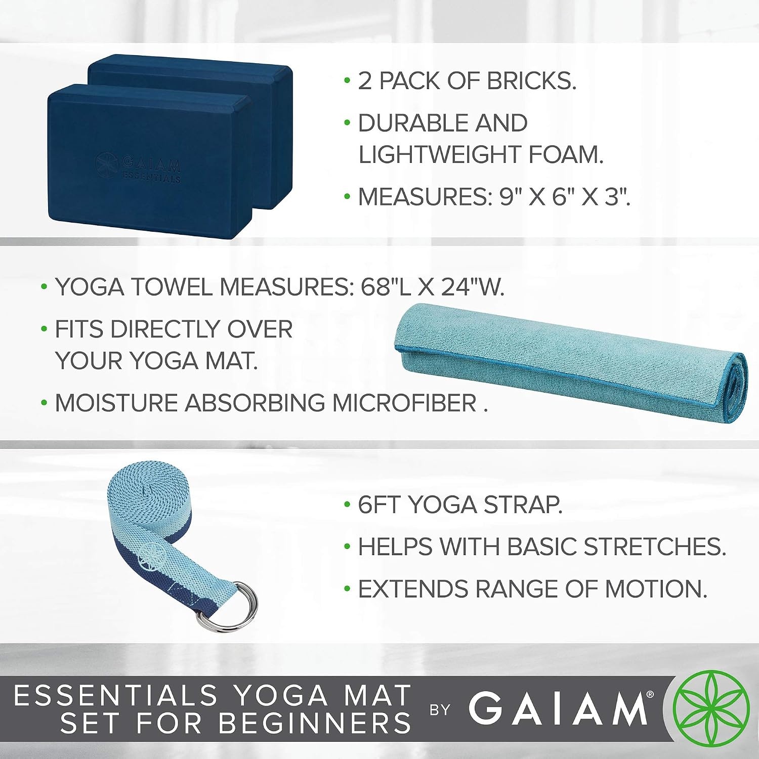 image:imageGaiam Essentials Yoga Mat Set for Beginners Kit Includes Premium Yoga Mat 72Long x 24W x 6mm Thick with Yoga Mat Carrier Sling Yoga Block 2 Pack 6ft Yoga Strap Hot Yoga Towel