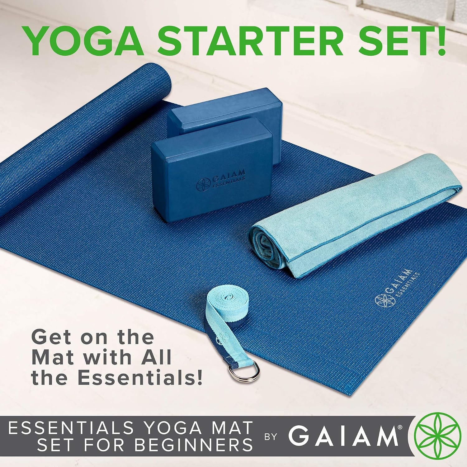 image:imageGaiam Essentials Yoga Mat Set for Beginners Kit Includes Premium Yoga Mat 72Long x 24W x 6mm Thick with Yoga Mat Carrier Sling Yoga Block 2 Pack 6ft Yoga Strap Hot Yoga Towel
