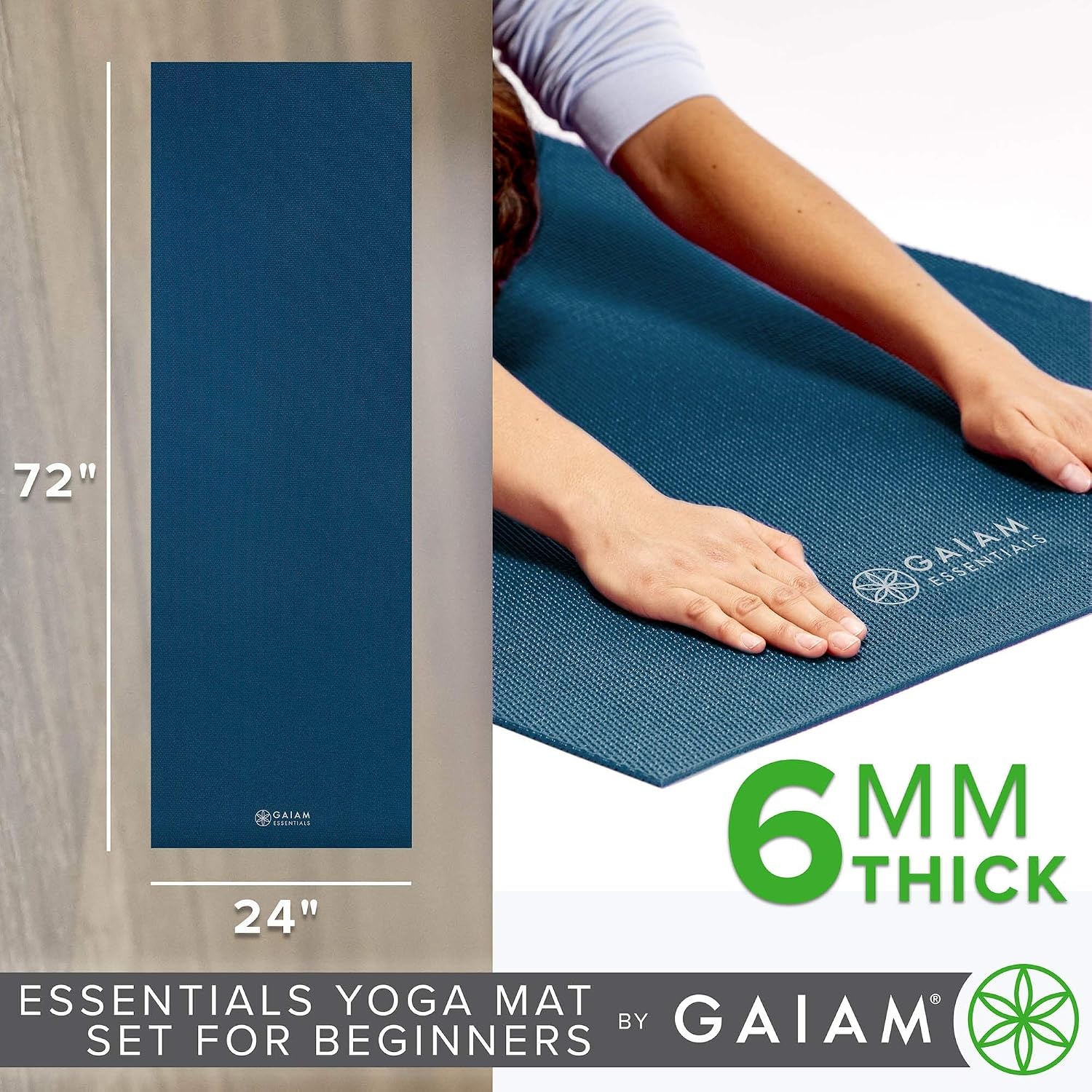 image:imageGaiam Essentials Yoga Mat Set for Beginners Kit Includes Premium Yoga Mat 72Long x 24W x 6mm Thick with Yoga Mat Carrier Sling Yoga Block 2 Pack 6ft Yoga Strap Hot Yoga Towel