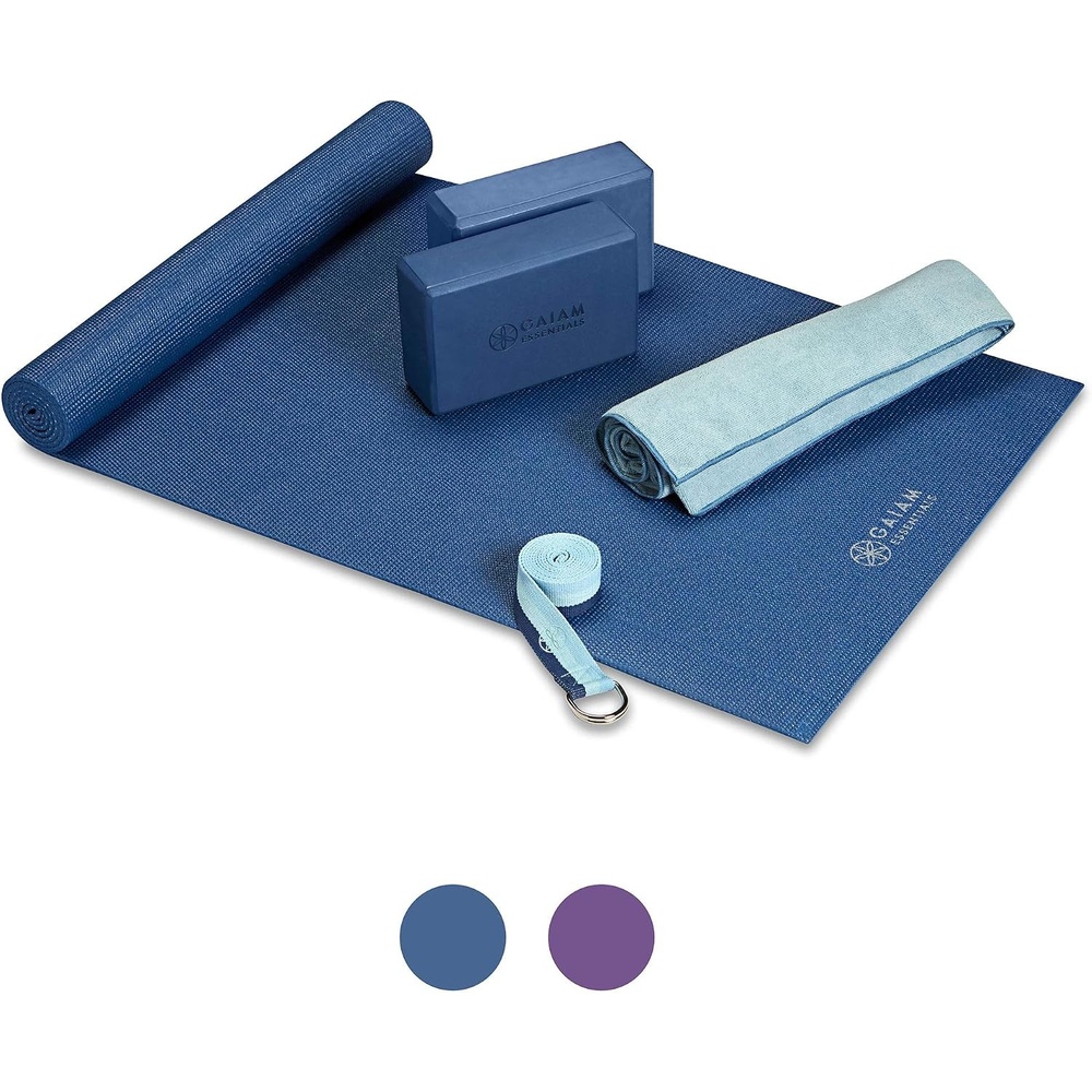 image:imageGaiam Essentials Yoga Mat Set for Beginners  Kit Includes Premium Yoga Mat 72Long x 24W x 6mm Thick with Yoga Mat Carrier Sling Yoga Block 2 Pack 6ft Yoga Strap Hot Yoga Towel